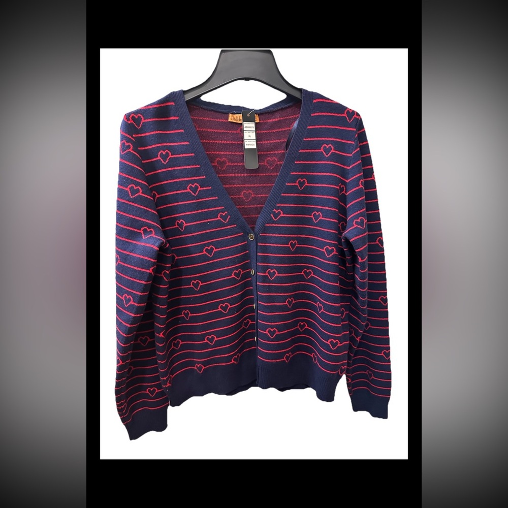 Belldini Women’s XL Navy Buttoned Sweater Cardigan Red Heart Patterns Chic